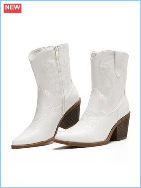 Faux Leather Cowboy Ankle Boots Pointed Toe Embroidered Block Heel
